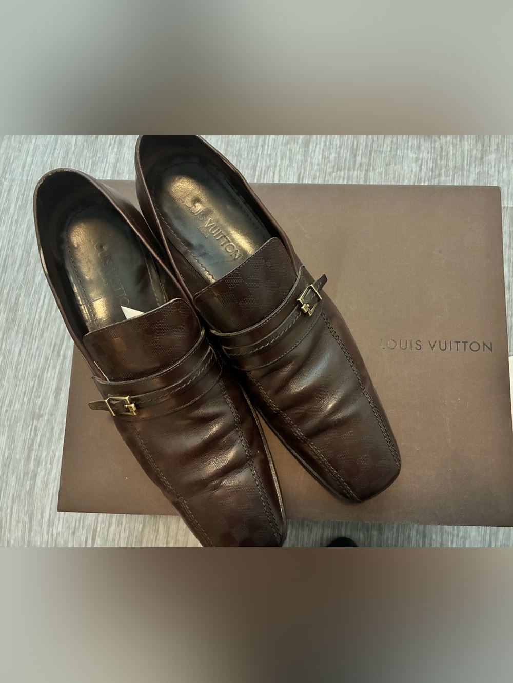 Louis Vuitton Dark Brown Men’s Leather Slip-On Loafers with Gold Buckle